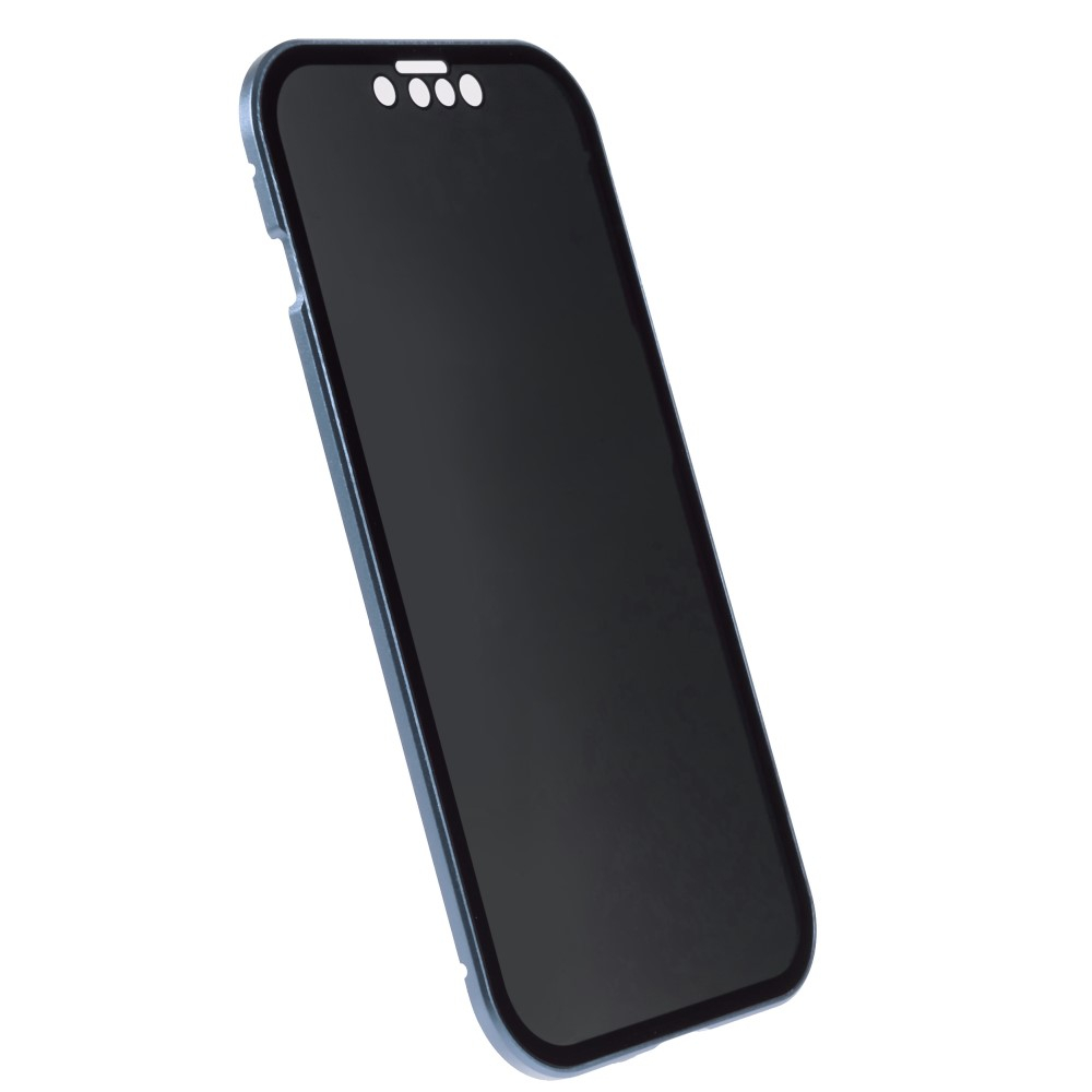 iPhone 14 Magnetische Alu Schutzhülle mit Panzer Glas Backcover   Privacy Glas Displayschutz (Magnet-Technologie) - Hellblau