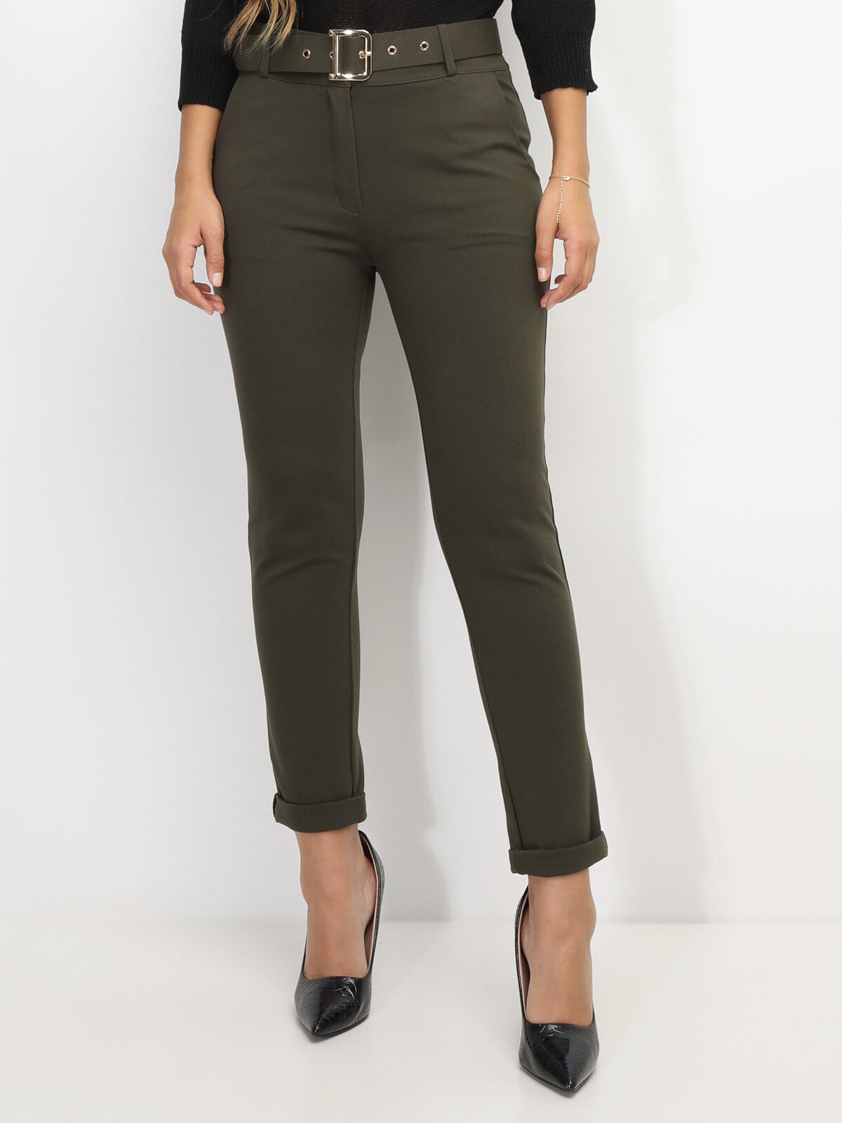 Pantalon classique à ceinture- Kaki