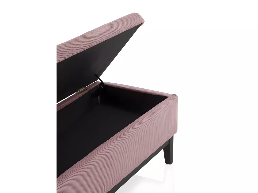 Pouf tapissé rose pastel avec pieds en bois noir