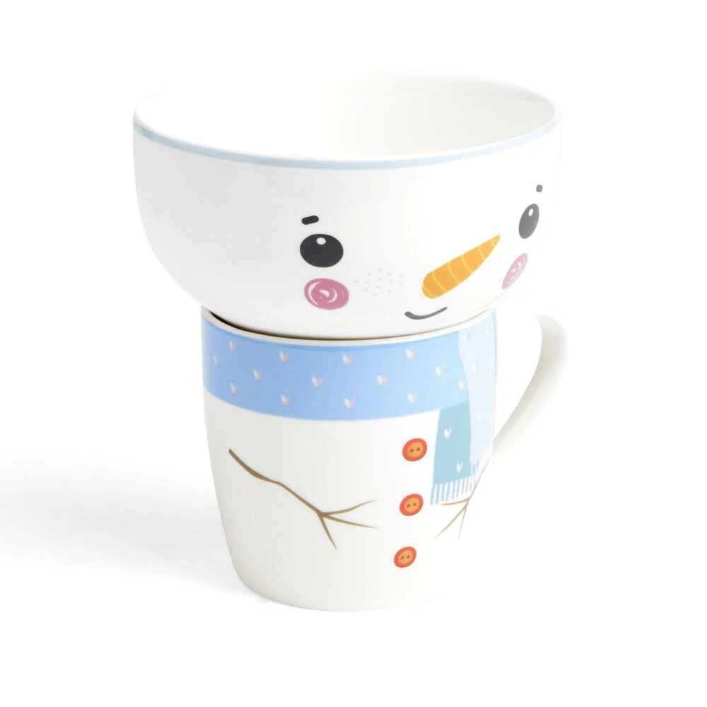 Ensemble mug 355ml avec bol 520ml porcelaine motif bonhomme de neige