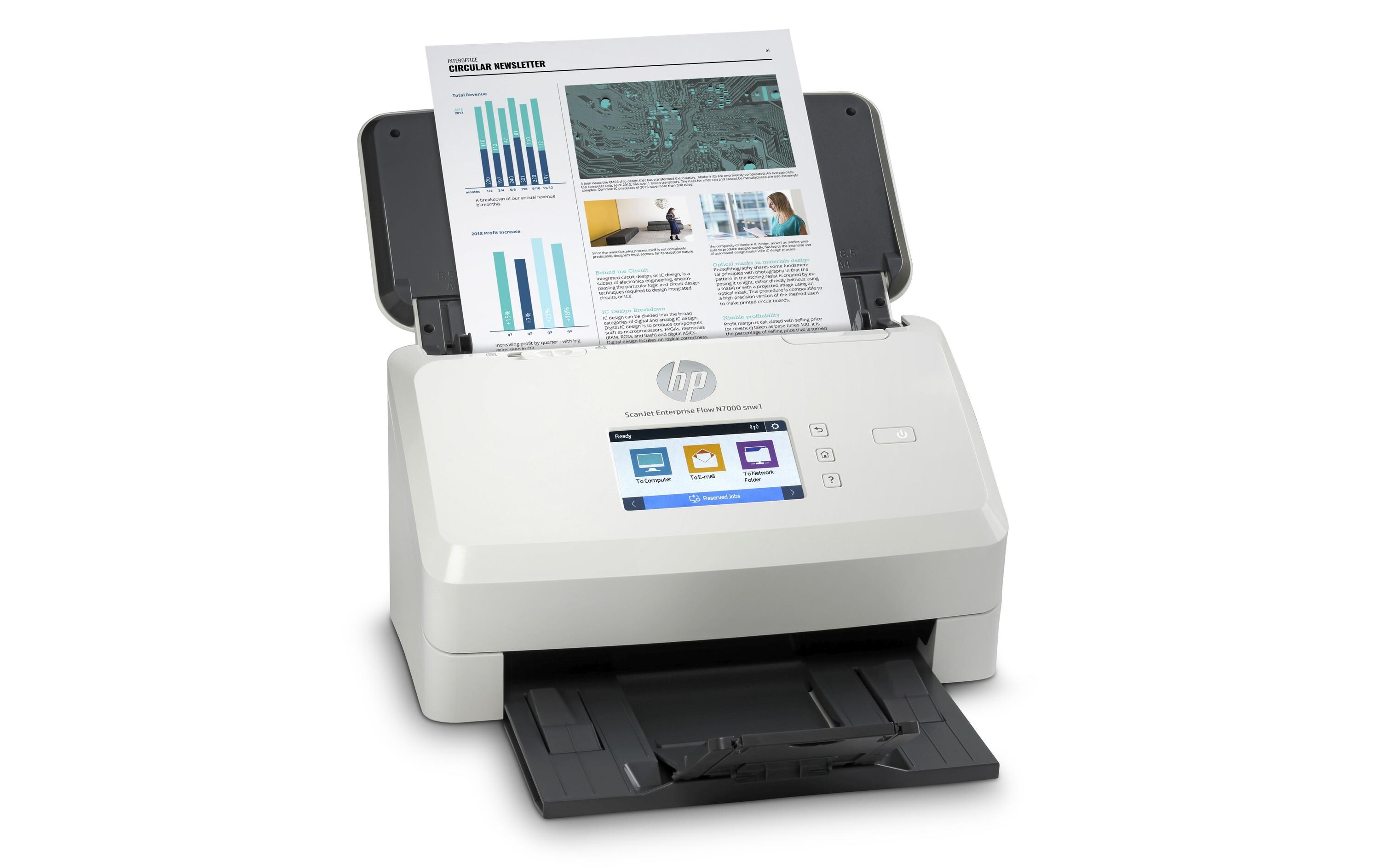 Dokumentenscanner ScanJet Enterprise Flow N7000 snw1<br>Scanner für kleine Unternehmen mit Netzwerkfunktionen sowie Touchdisplay zur Bedienung für Scanvolumen bis zu 7500 Seiten pro Tag