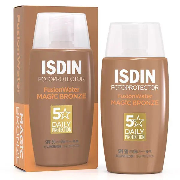 Protetor solar facial com cor bronze e água Isdin Fusion FPS 50 50ml