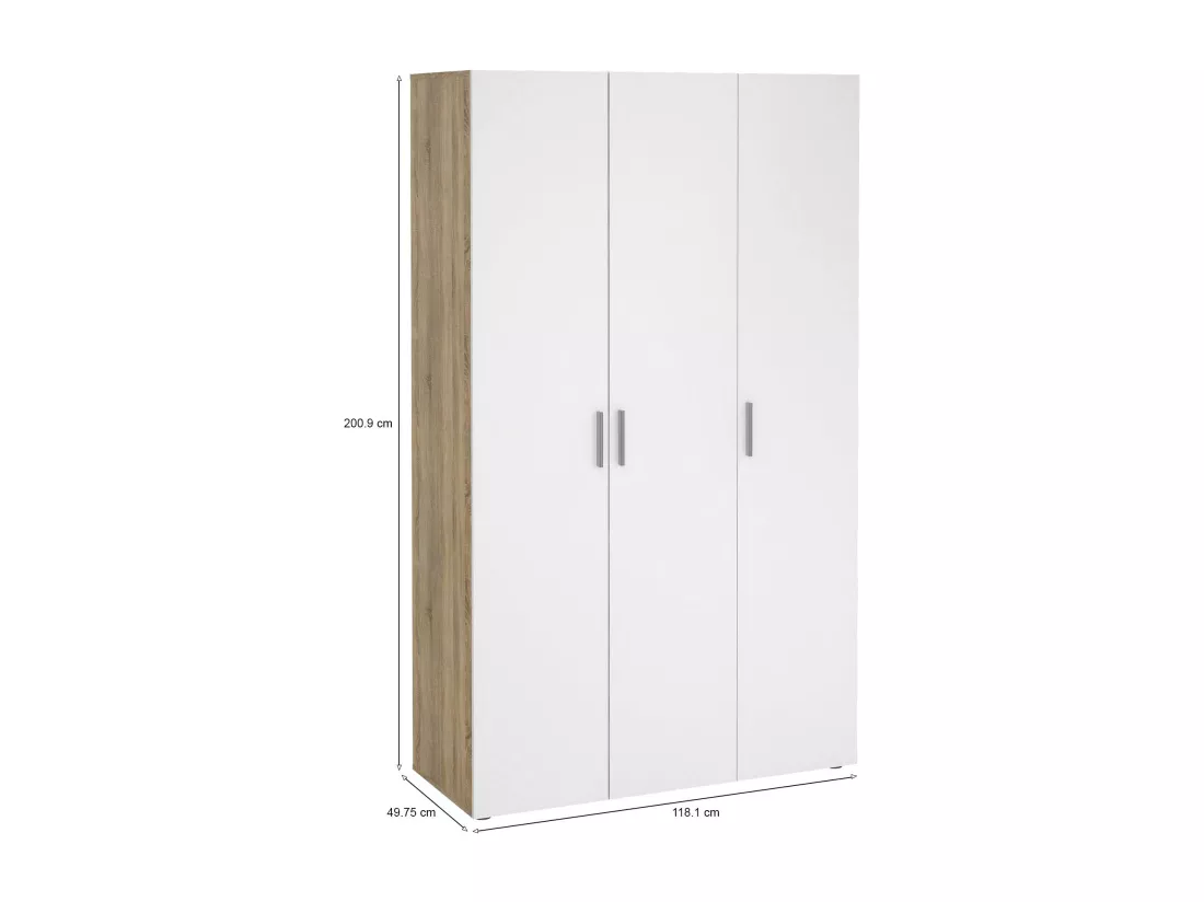 Garde-robe 3 portes Drivier, Meubles de chambre, Penderie de plain-pied, Placard à vêtements, 118x50 h201 cm, Chêne et Blanc