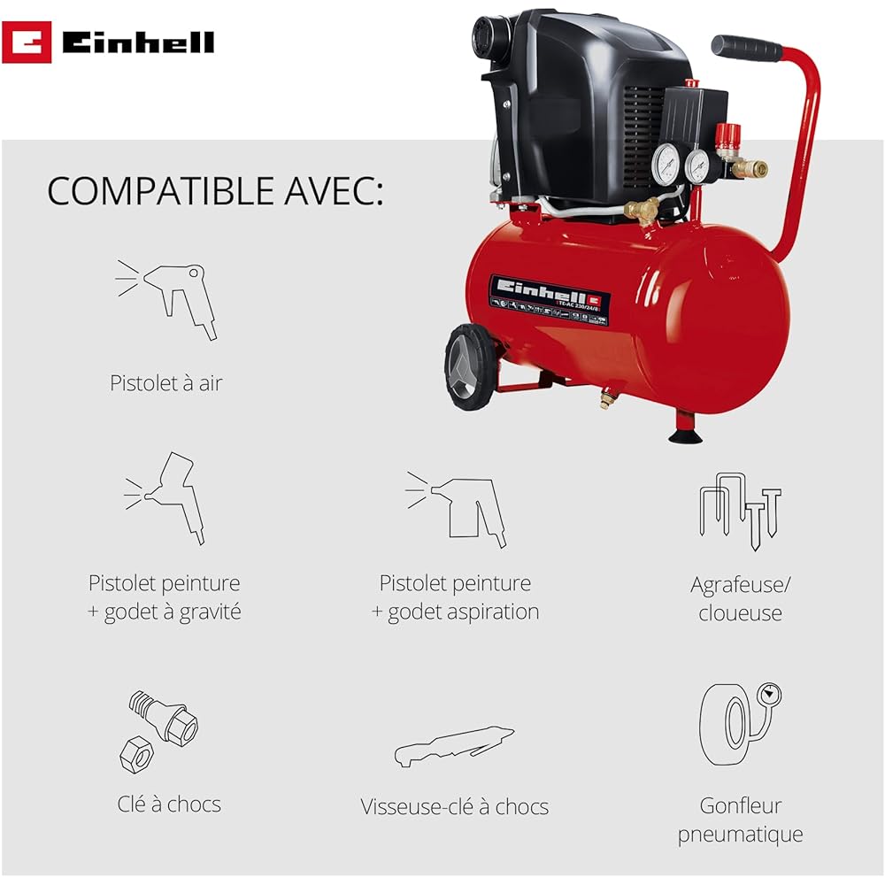 Einhell Compresseur TE-AC 230/24 (Puissance moteur 1500W, Capacité de la cuve : 24 L, Cuve garantie 10 ans contre la corrosion, Niveau d'huile visible) : Bricolage