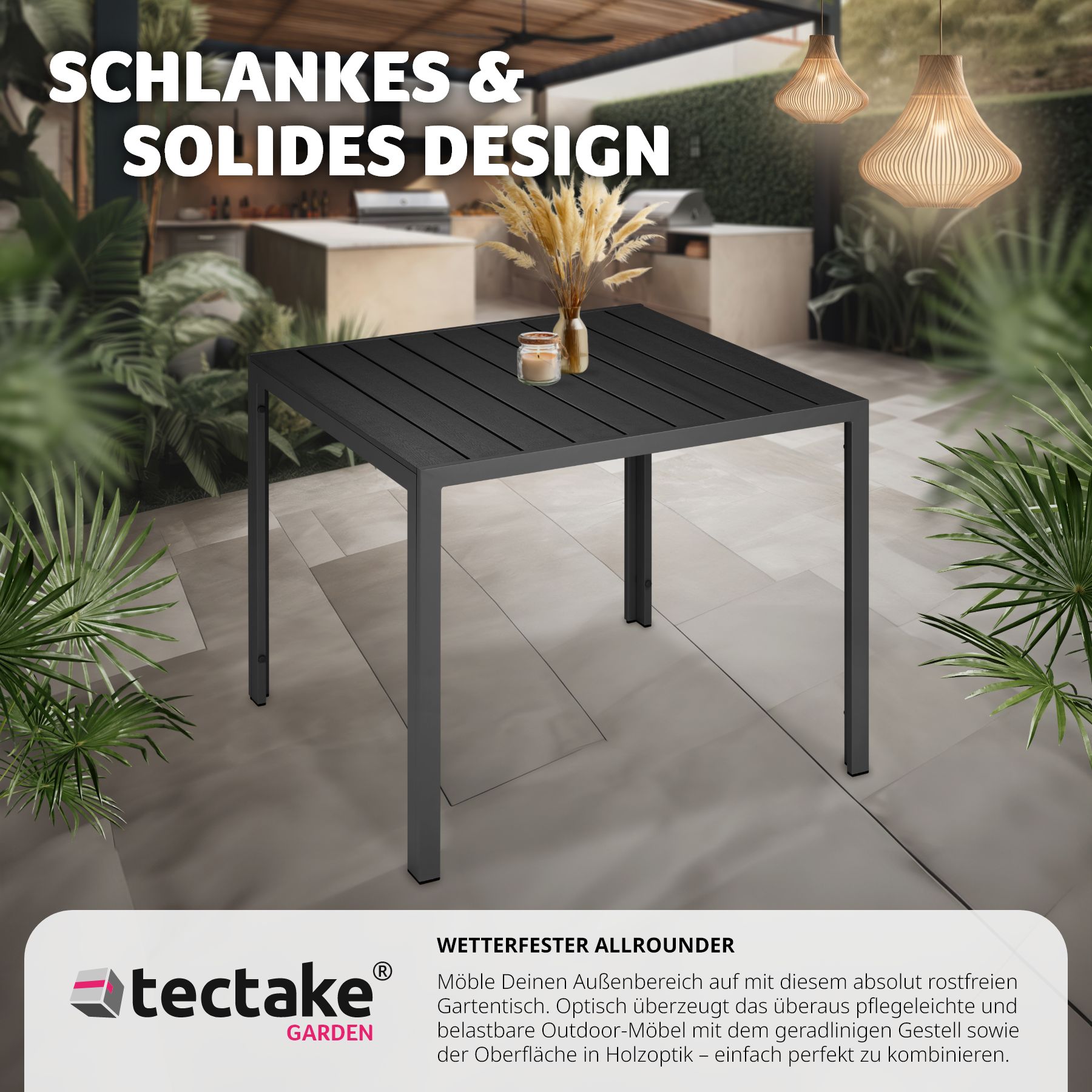 tectake® Gartentisch, aus Aluminium und Kunststoff, wetterfest und UV-beständig, 90 x 90 x 74,5 cm