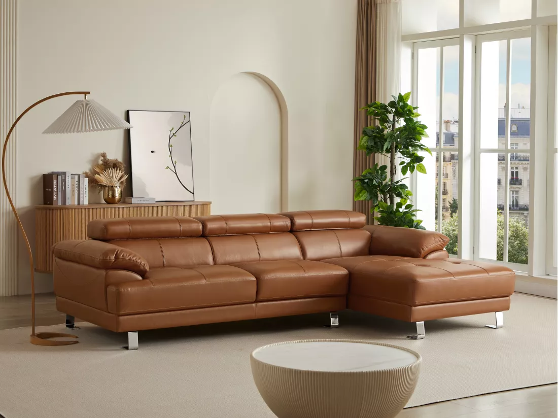 Canapé d'angle droit en cuir premium camel EXCELSIORA
