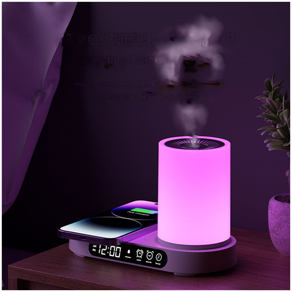 4in1 LED Wecker USB Nachttisch Lampe Uhr in Holz Optik mit Integrierter Wireless Ladestation / Aroma Öl Diffuser / Bluetooth Speaker - Braun