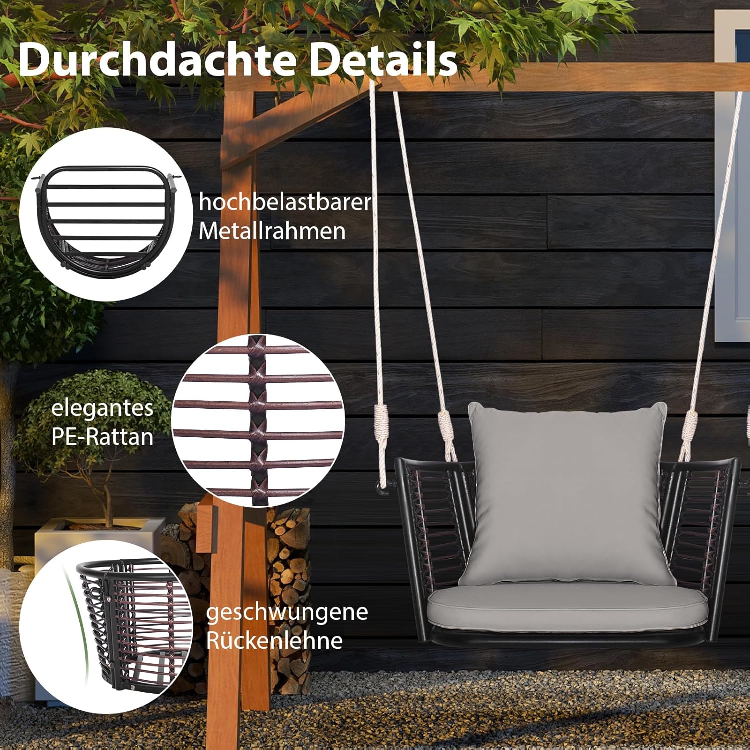 COSTWAY Hängesessel Rattan, bis 180kg belastbar, Hängesitz mit Kissens & Metallrahmen & Hängeseilen, Hängestuhl Schaukelstuhl Schaukel, Schaukelsessel für Veranda Garten Hinterhof (Grau)