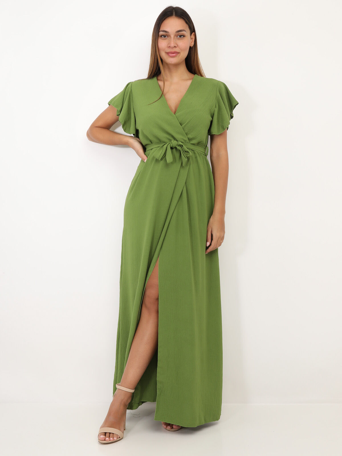 Robe longue fendue à col cache coeur- Vert olive
