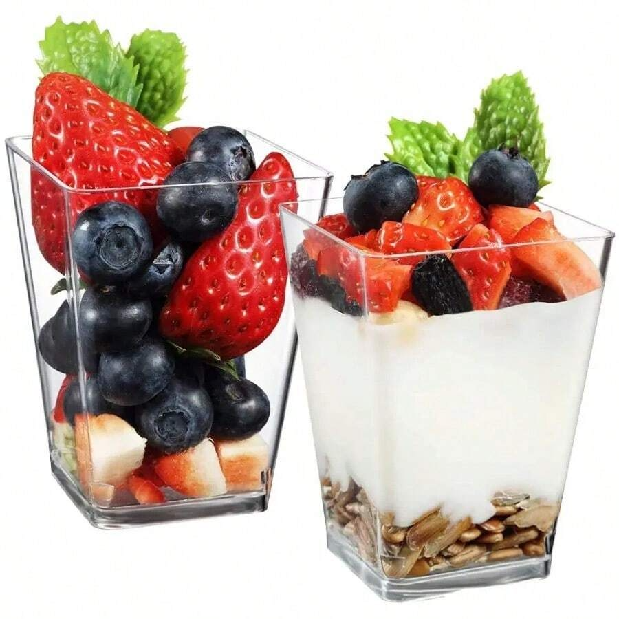 (96-tlg. Set) 75x55mm Einweg Mini Dessert Becher Party Geschirr Schälchen inkl. Löffel für Glacé / Mousse / Pudding - Transparent