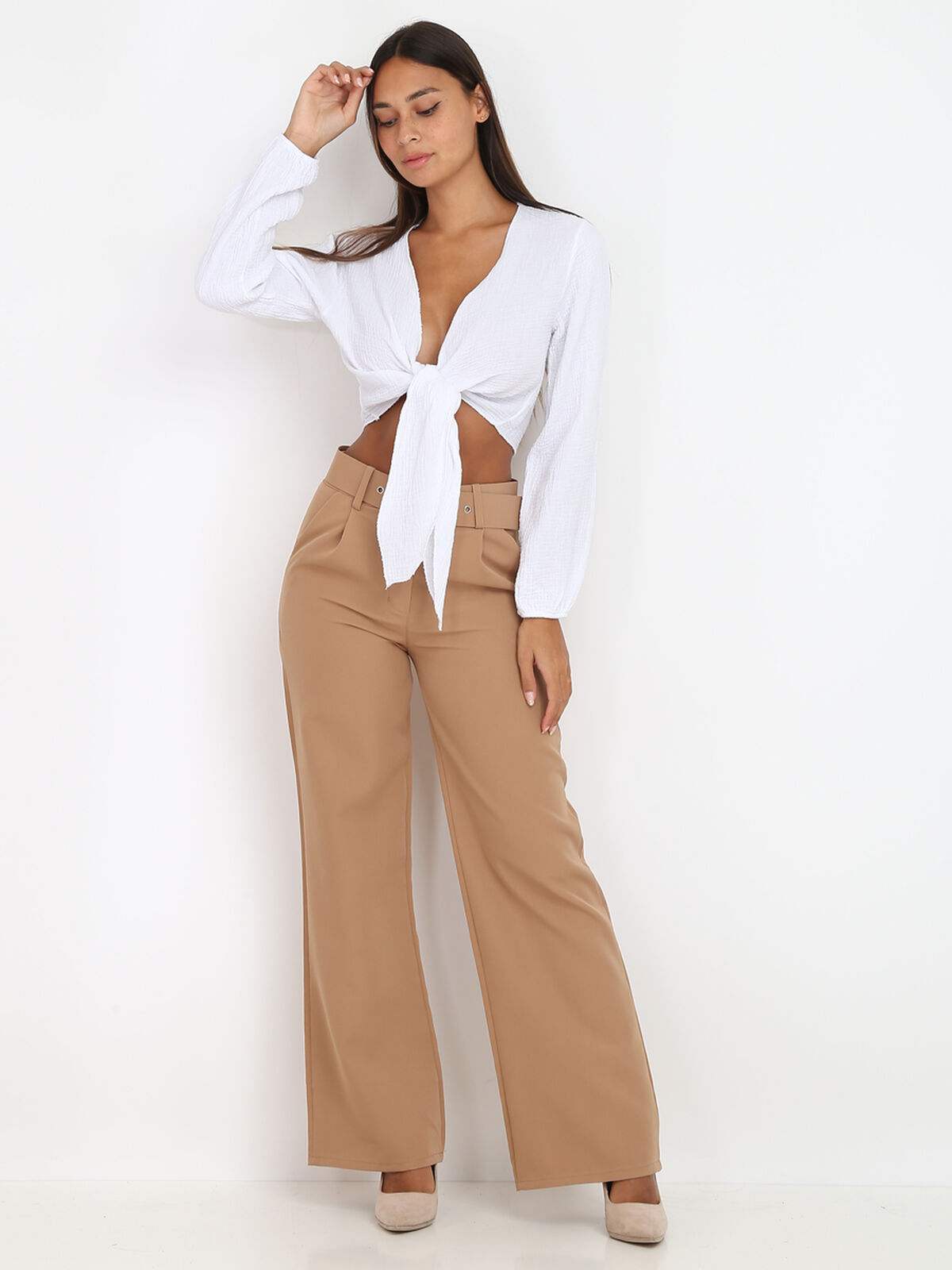 Pantalon large ceinturé- Camel