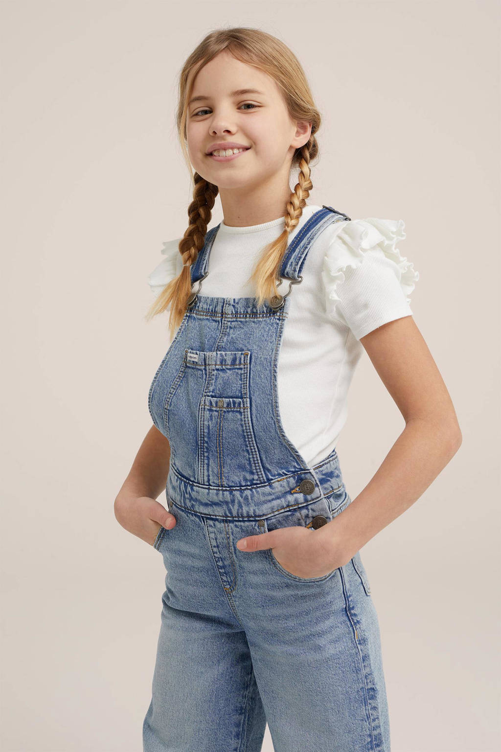 WE Fashion loose fit tuinbroek medium blue denim