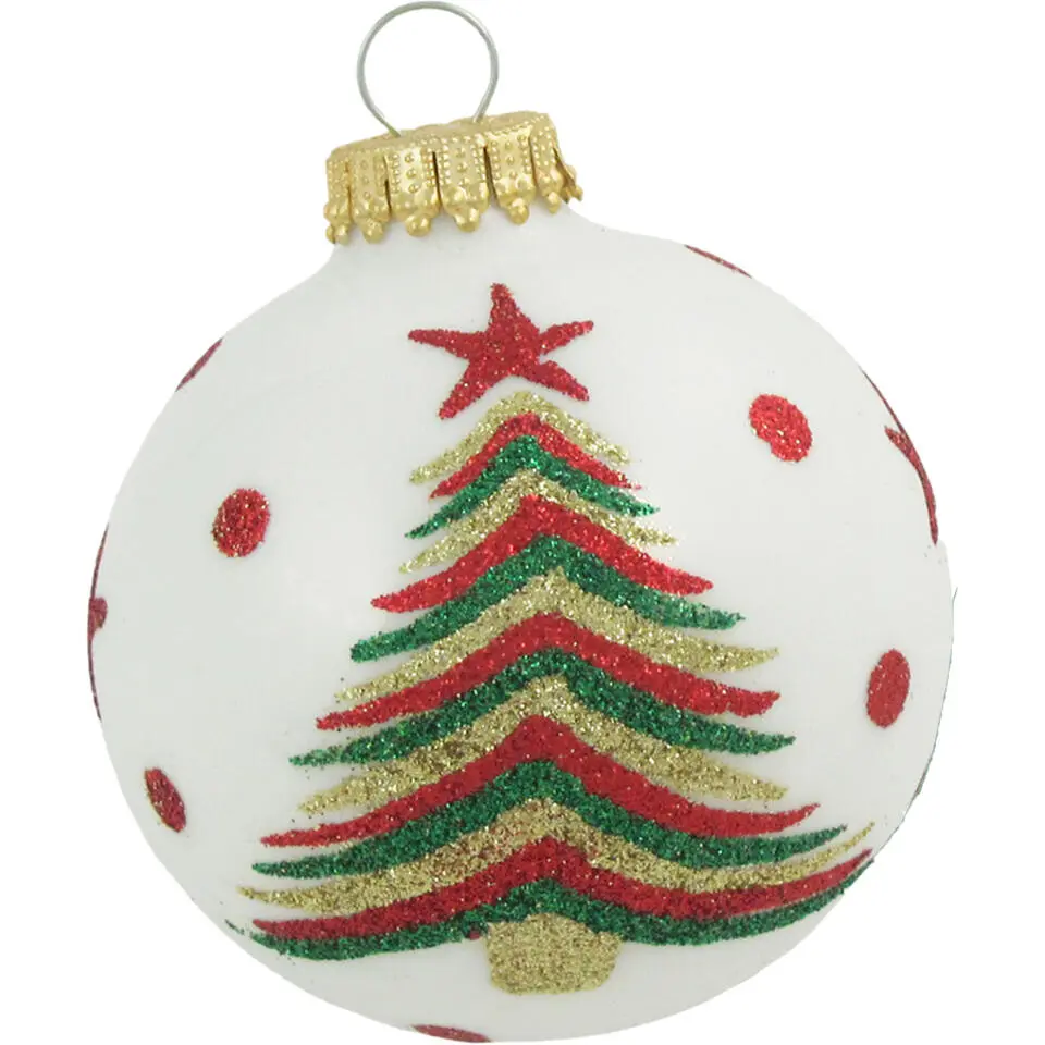 Krebs kerstballen - 4x stuks - wit met kerstboom - glas - 7 cm