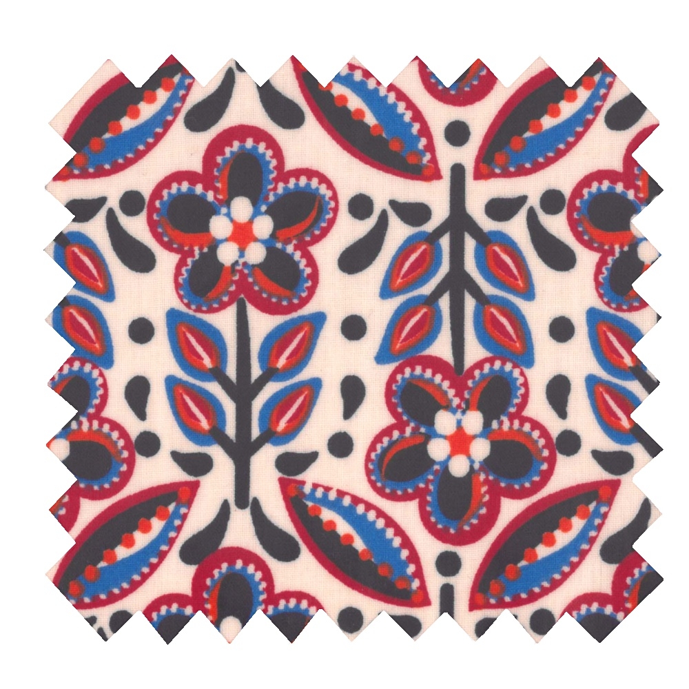 Coupon Tissu Enduit De 35Cm Ex2474 Folkofleur Rouge Bleu