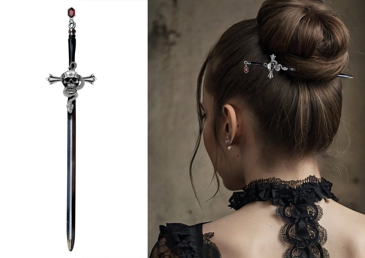 Halloween Haarspeldjes Zwart Zilver Zwaard 19cm