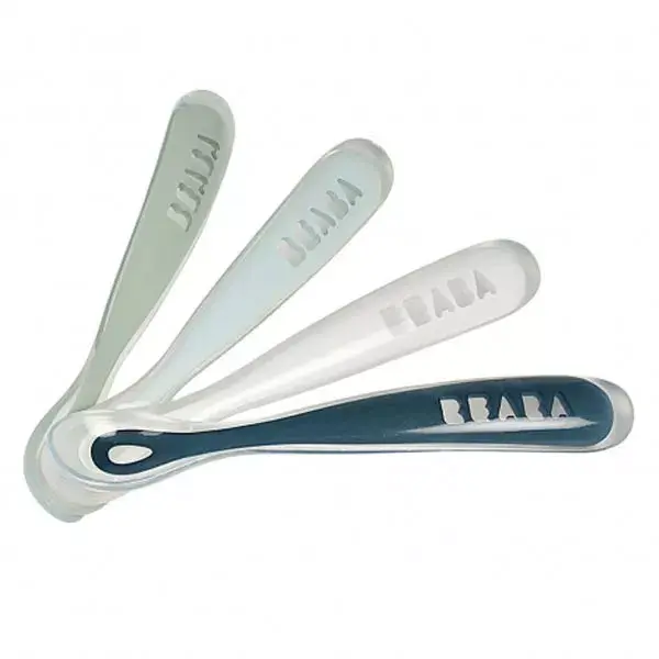 Conjunto de 4 colheres de silicone Béaba para refeições, ideal para crianças da primeira infância (arco-íris).