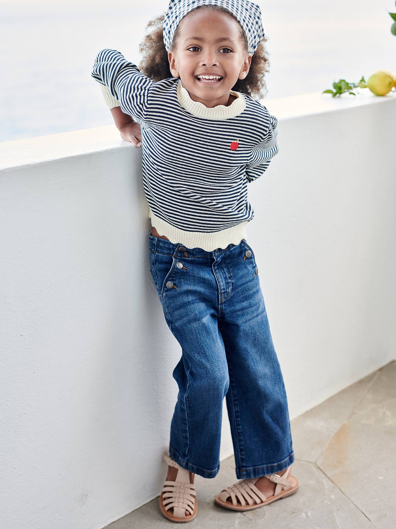 Calça jeans flare com efeito de ponte fantasia para meninas, cor pedra