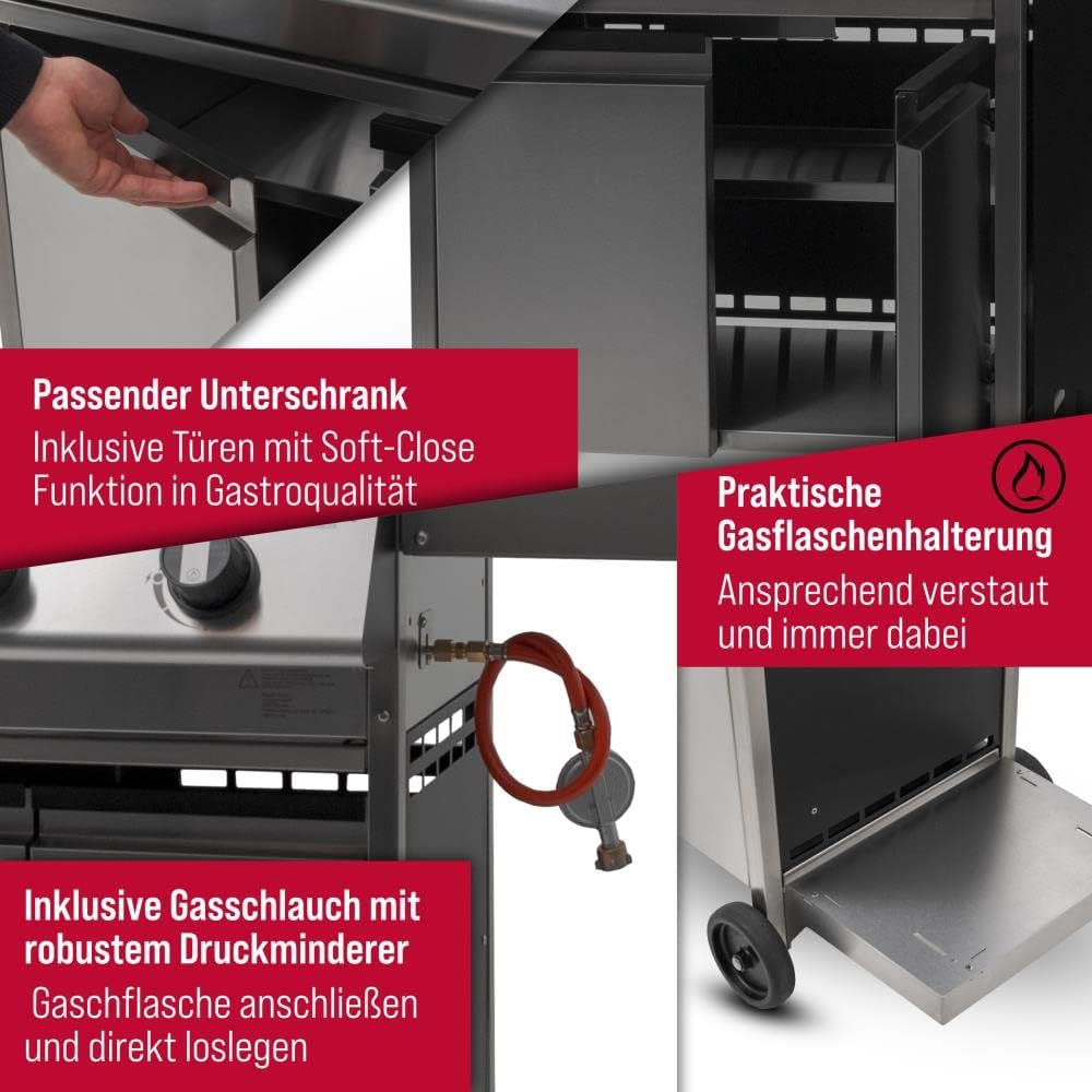 Schickling Gasgrill 'Henry L - Deluxe' Edelstahlgrill Grillwagen mit Unterschrank, Doppelwandigem Deckel, 3 Brenner, 800 Grad Seitenbrenner & 3-teiligem Grillrost - Made in Germany
