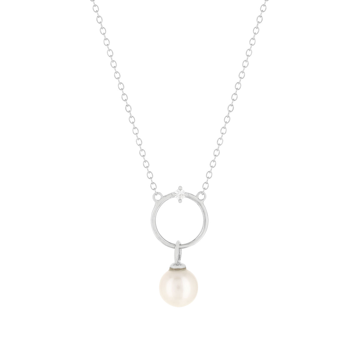 Collier argent 925, motif cercle, perle de culture de Chine et zirconia. Longueur 45 cm.