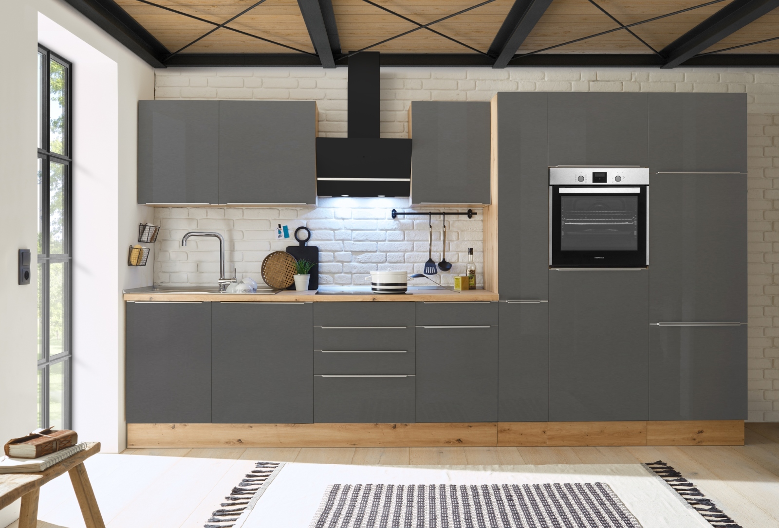 RESPEKTA Küchenblock - grau Matt-Artisan Eiche Sägerau - mit E-Geräten - 370 cm
