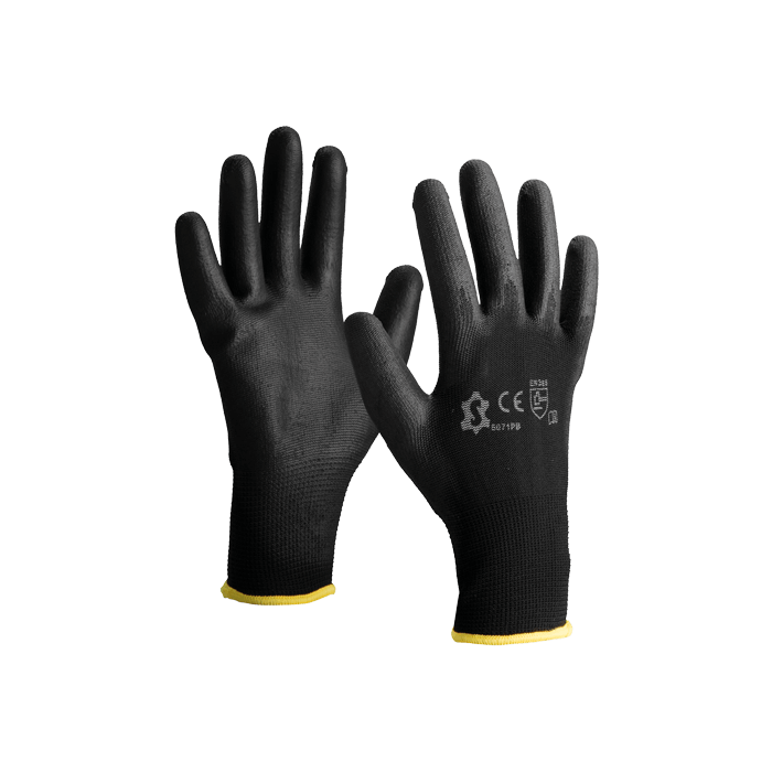 Polyester handschoen met PU coating zwart maat 6 per paar (6151802457487)