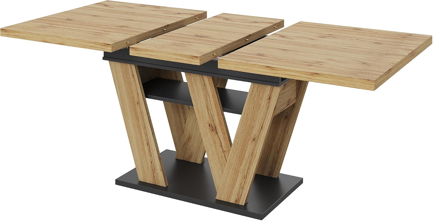 Esstisch Ausziehbar mit W-förmigen Beinen, Holz Tischplatte in Schwarz+Natur, 119-158.5x80 cm, Esszimmer Tisch Küchentisch mit Stauraumregal für 4-6 Personen, Esszimmertisch Rechteckige