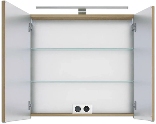 Pelipal Sunline 114 badkamermeubelset, afmetingen (B x H x D): 82 x 200 x 46 cm, frontkleur: Riviera eiken, 3-delige badkamermeubelset met witte keramische wastafel en badmeubel, spiegelkast met LED-verlichting