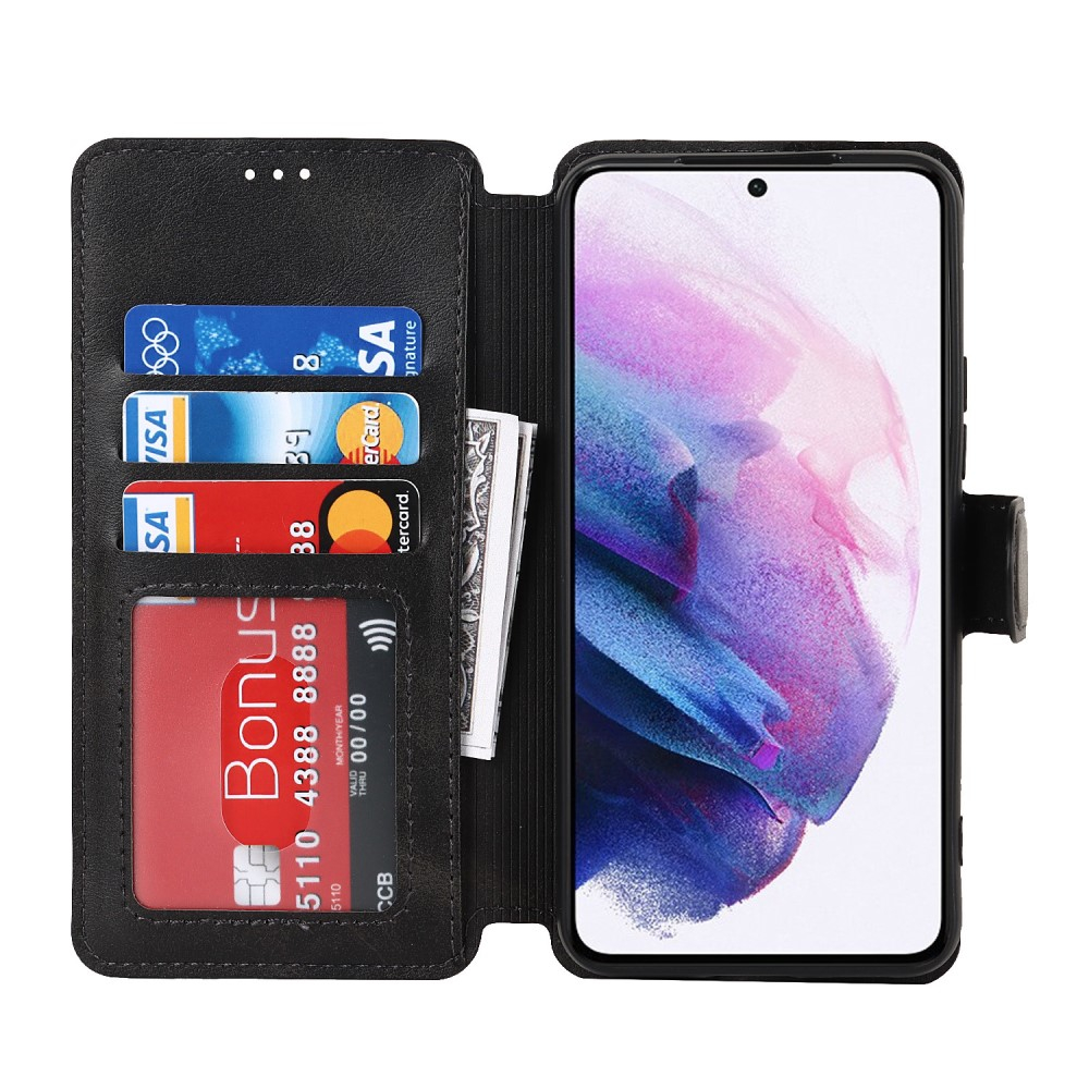 Samsung Galaxy S22 5G Leder Tasche mit Kartenfach im Retro Style - Schwarz