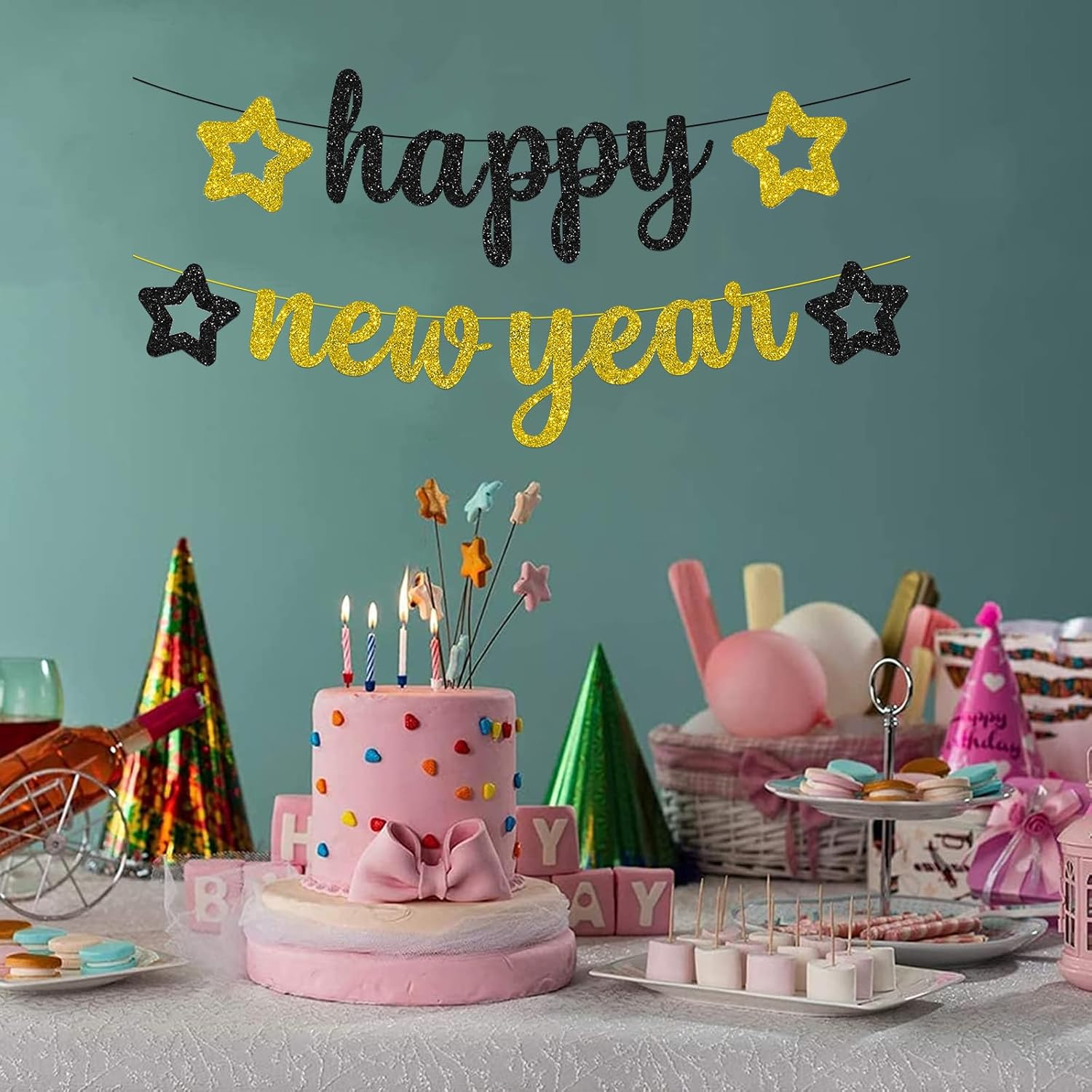 (30cm) Happy New Year Girlande Glitzer Party Dekoration Accessoire Banner - Gold / Schwarz