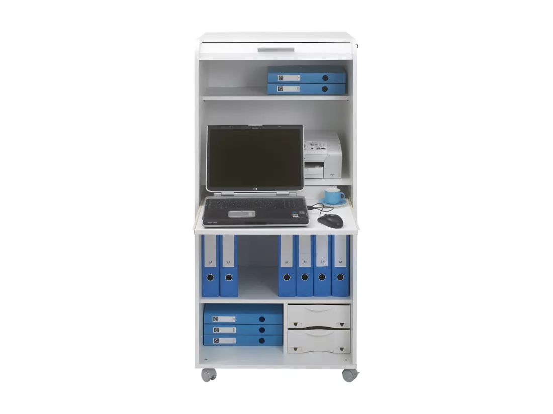 Armoire Informatique Blanche à Roulettes 2 Tiroirs L 65.2 H 139.9 P 53.1 cm - Coloris: Blanc