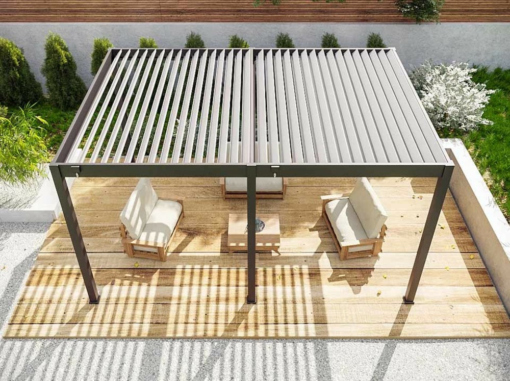 Pergola bioclimatique 3,6x5,3m - eclipse 19m² - gris - autoportee - lames en acier galvanisé - orientables de 0 à 120°