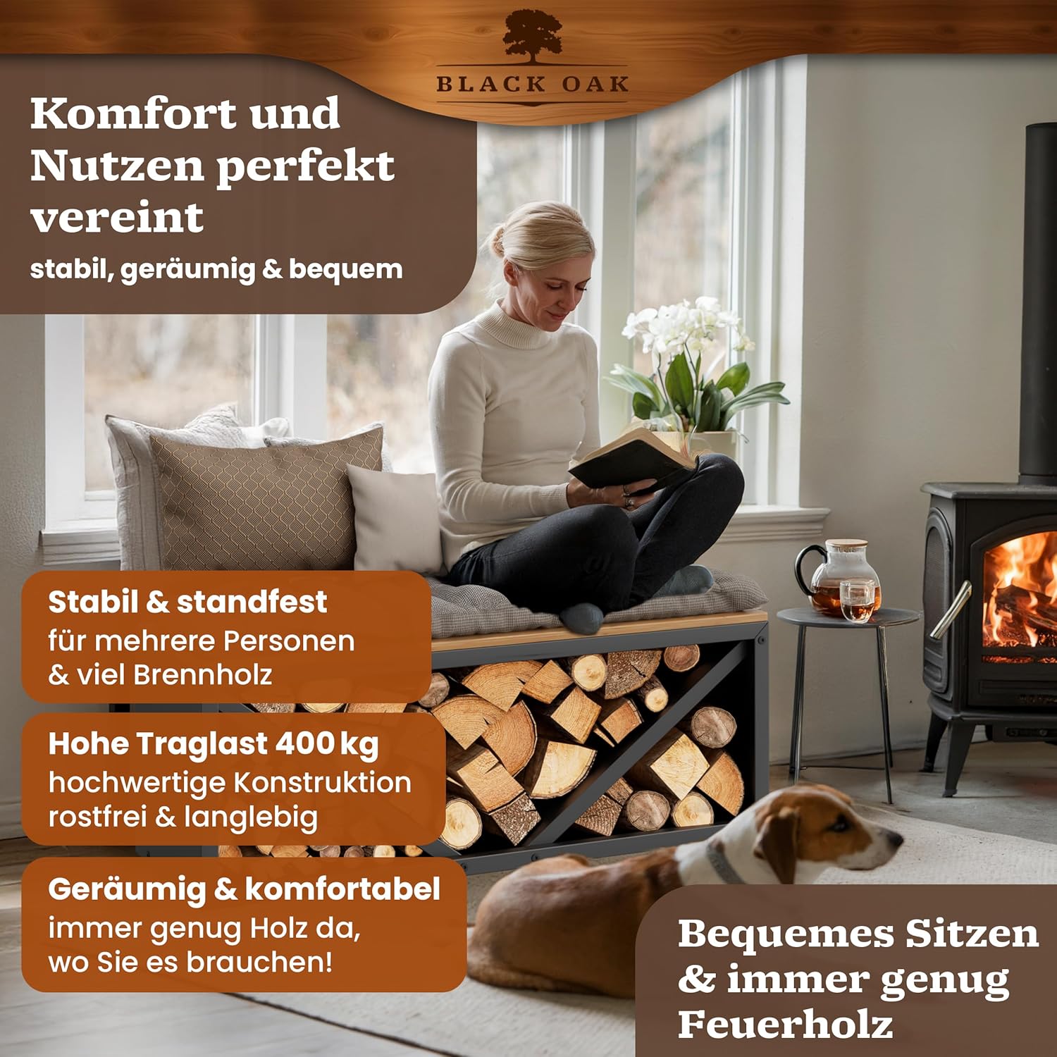 BLACK OAK Kaminholz Regal OHIO 102x41x35cm - Sitzbank für Brennholz Kaminholzregal für innen schwarz modern stabil Stahl + Holz - Metall pulverbeschichtet rostfrei Kaminholz-Sitzbank bis 400 kg Holz