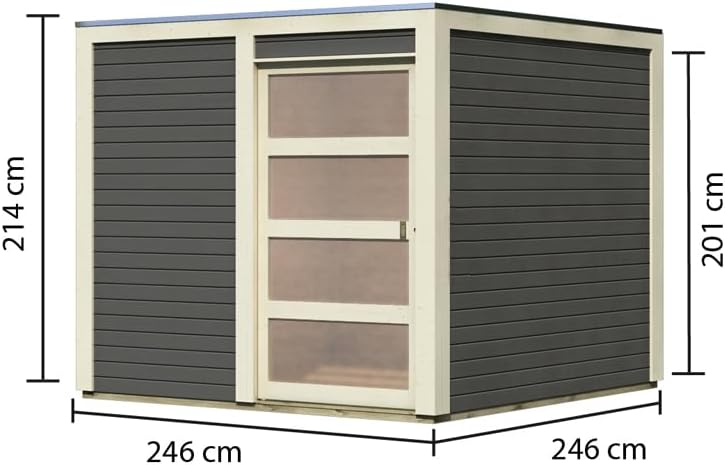 Karibu Gartenhaus Cubino | Gerätehaus mit 19 mm Wandstärke | Schuppen mit 5,76 m² Grundfläche | Tür mit Kunstglas | Steck-/Schraubsystem | Terragrau | Fichtenholz | 246 x 246 x 214 cm