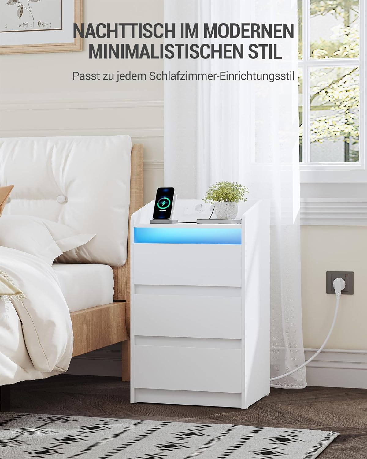 Hzuaneri Nachttisch 2er Set mit 3 Schubladen, Beistelltisch mit Ladestation und LED, 2 AC-Steckdosenund 2 USB-Anschlüsse für Schlafzimmer, Wohnzimmer, Weiß NS40103X