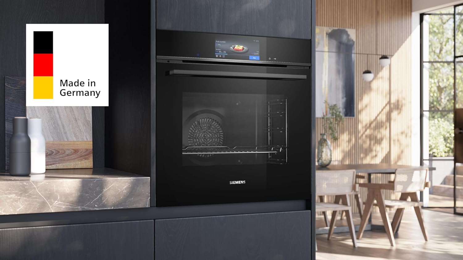 Siemens HB778G3B1, iQ700 Smarter Einbau-Backofen, 60 x 60 cm, Made in Germany, Pyrolyse & Hydrolyse Selbstreinigung, Bratenthermometer, Air Fry, Farbiger Touchscreen, 4D Heißluft, Schwarz