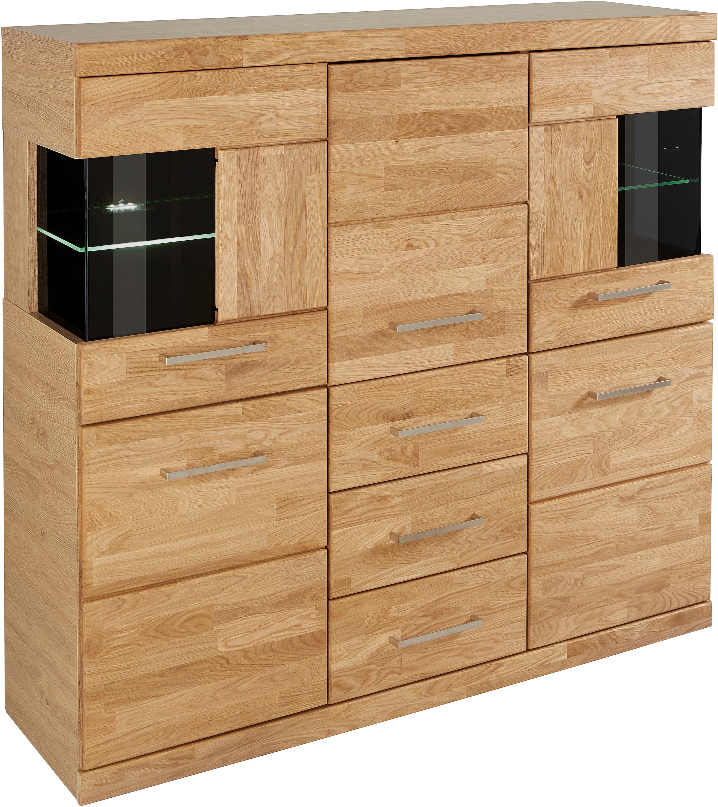 Home affaire Highboard »Ribe,125cm breit,115cm hoch, Fronten Massivholz,5Türen,3 Schubladen« Holz massiv, Holzwerkstoff, Metall Griffe,10Fächer, Böden versetzbar