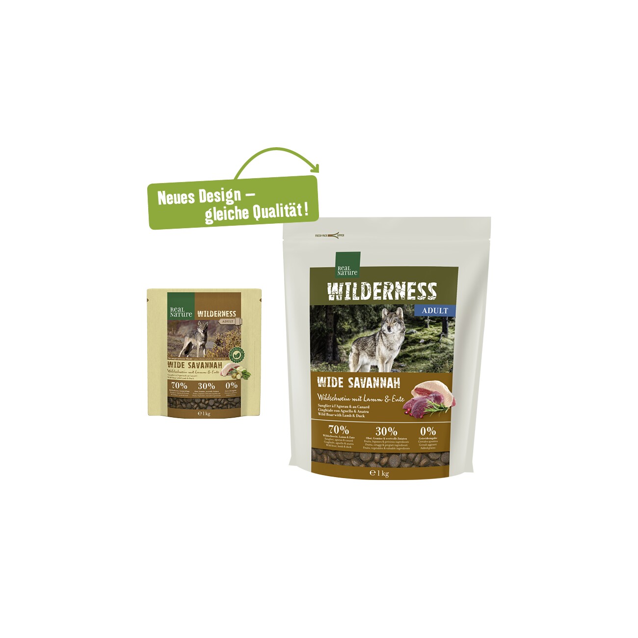 REAL NATURE WILDERNESS Trockenfutter Hund, Adult, Wide Savannah Wildschwein mit Lamm und Ente 1 kg