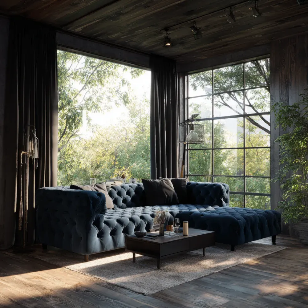 Chesterfield Ecksofa Samt Dunkelblau