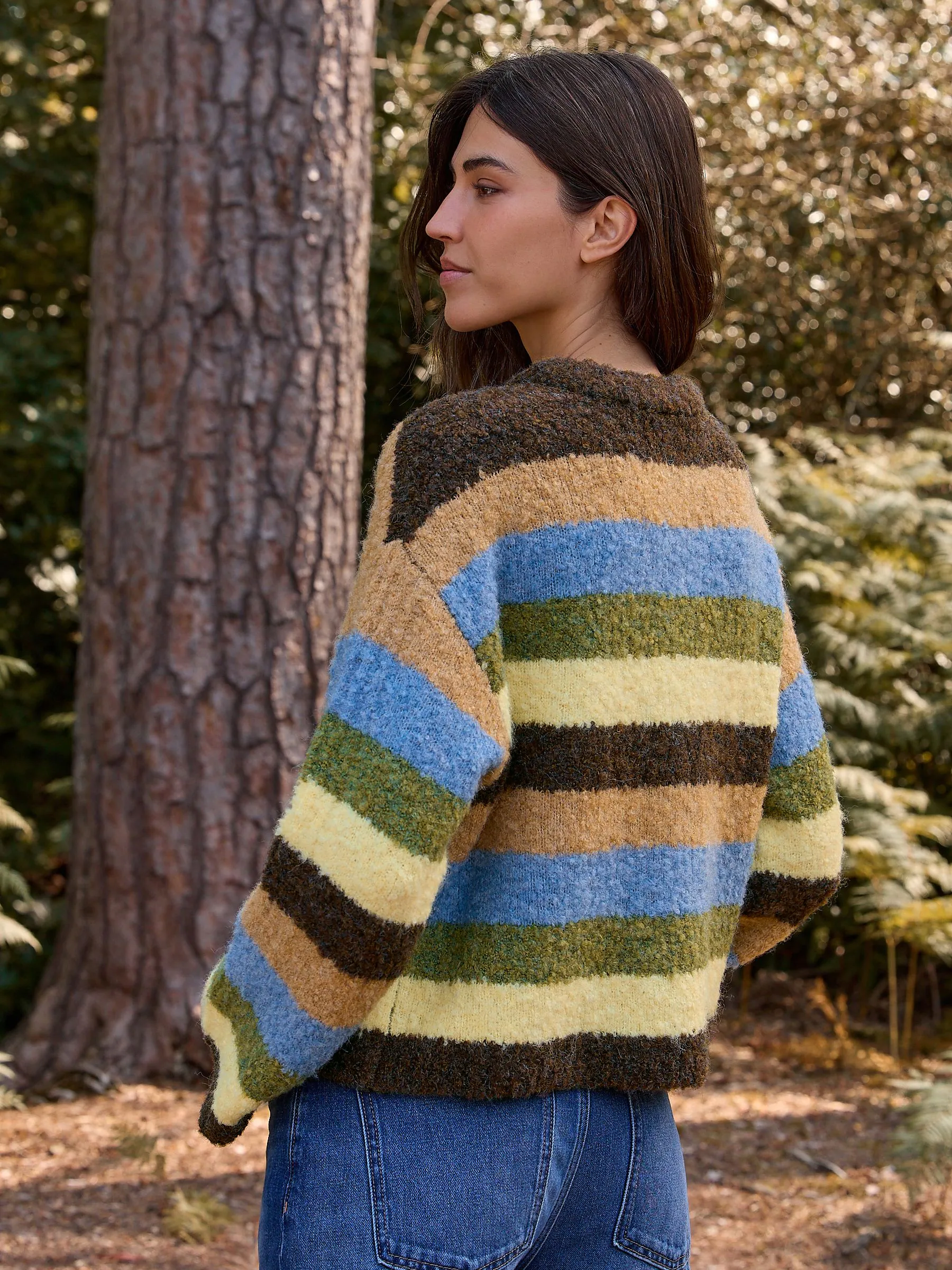 Chocoladebruin/blauw, meerkleurig gestreept - Boucle Ronde hals Trui Met Wol
