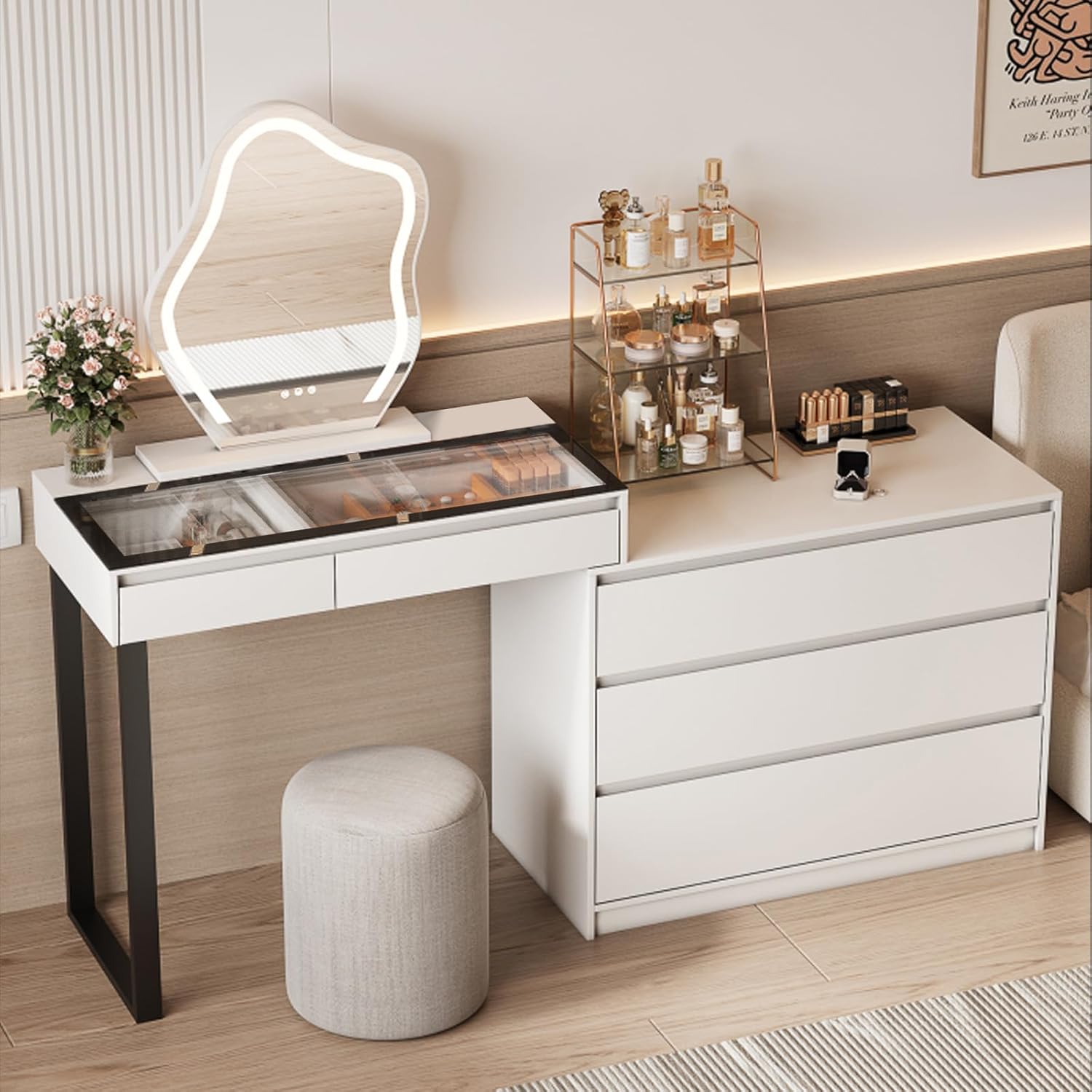 Schminktisch mit Verstellbaren LED-Beleuchtung, Dressing Table mit Spiegel, Vanity Desk mit 5 Schubladen, Ecke Vanity, L-Form ändern, Eckschminktisch mit Glasplatte, Weiß