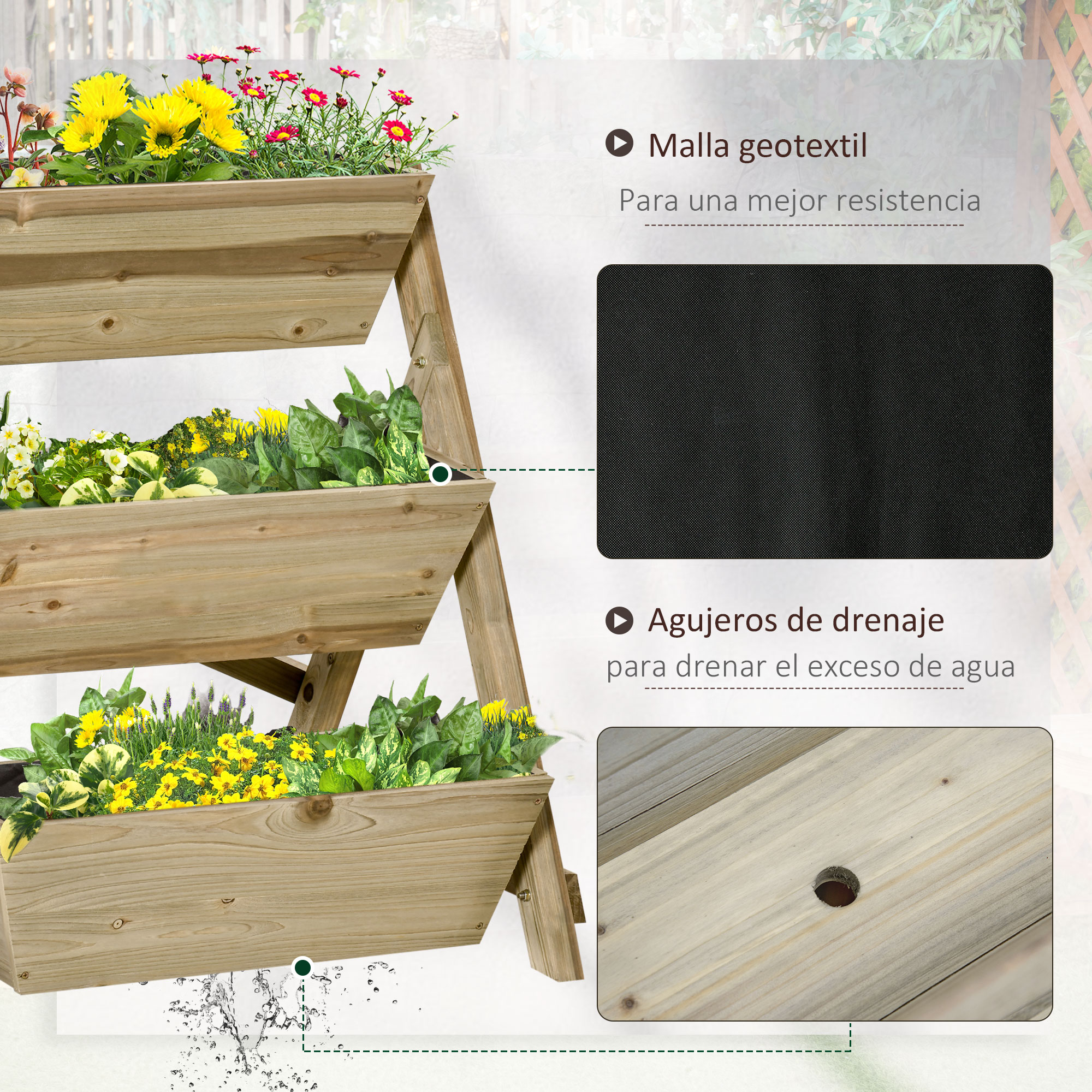Jardineira vertical de madeira Outsunny com 3 níveis, revestida com tecido não tecido e com furos de drenagem. Ideal para plantas e vasos de flores em jardins urbanos. Dimensões: 71 x 61 x 77 cm. Cor: Natural.