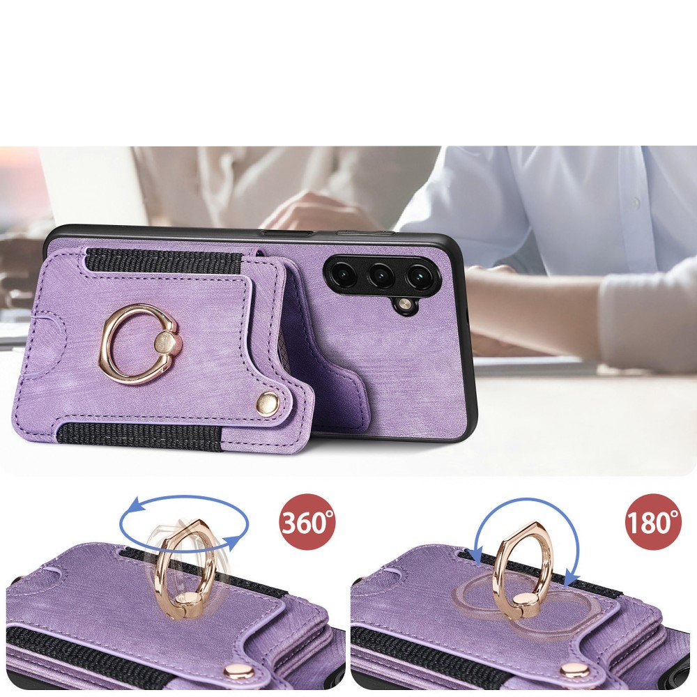 Samsung Galaxy A54 5G Necklace Leder Hülle mit Kartenfächer   Finger Griff Halterung   Handykette (RFID Schutz) - Lila