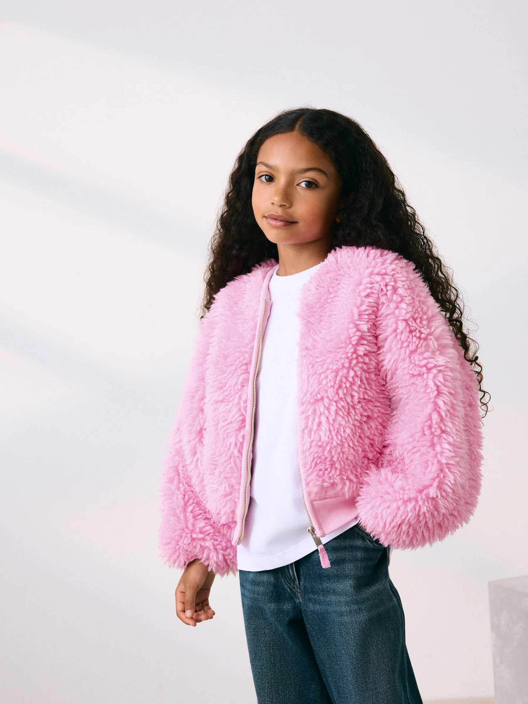 Roze - Donzige fleece borg jack met rits (3-16jr)