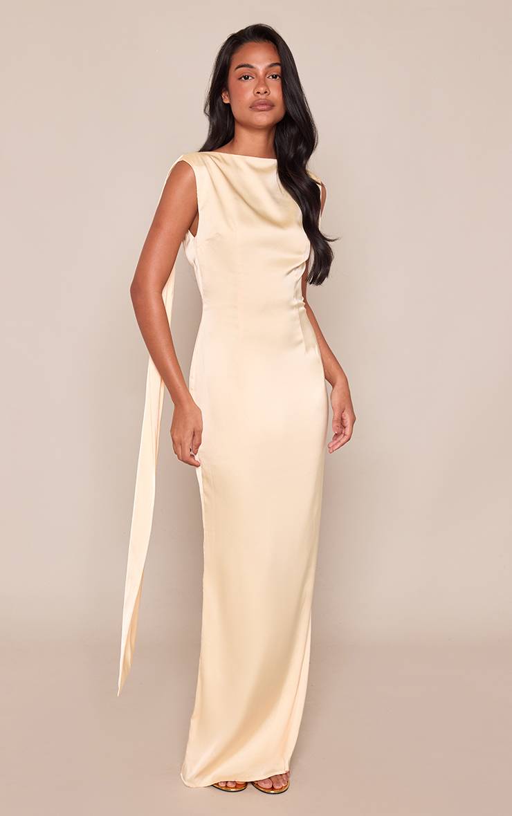 Citron Robe Longue Drapée Dos Nu En Satin Sans Manches