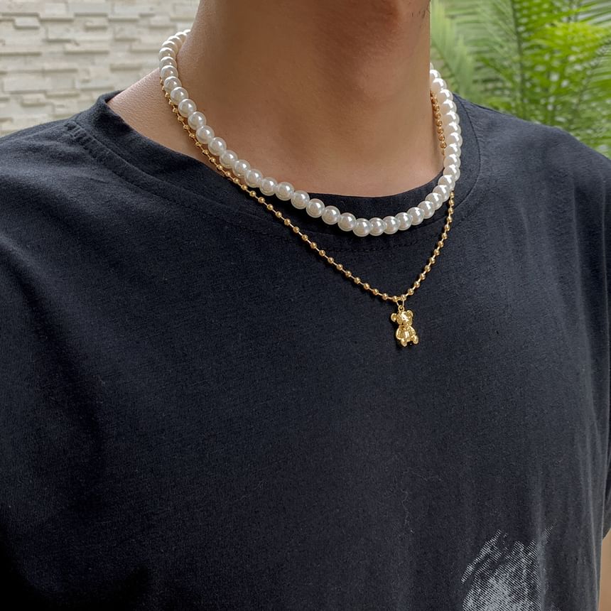 Gretlyn - Bear Pendant Faux Pearl Layered Necklace