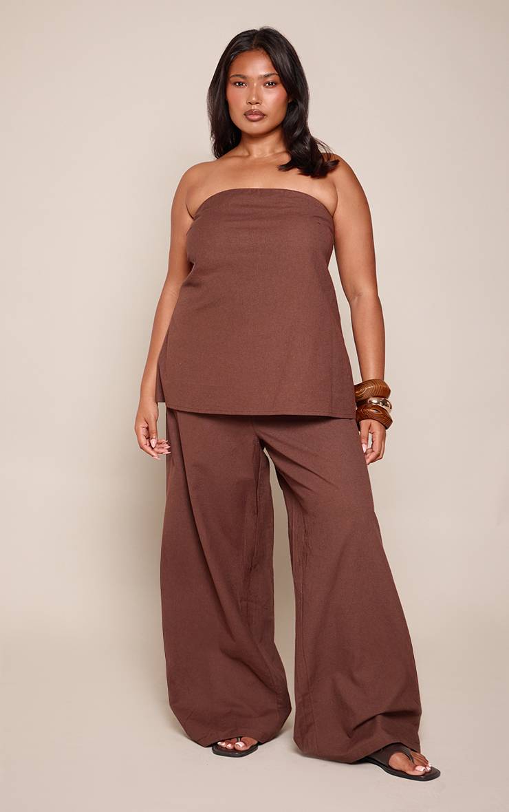 Chocolat Pantalon Large Grande Taille Aspect Lin Ensemble Coordonné