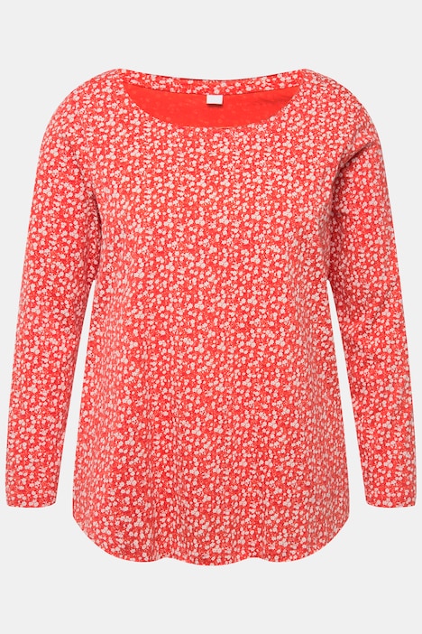 T-Shirt, A-Line, Blütenmuster, Rundhals, Langarm, offenkantige Abschlüsse