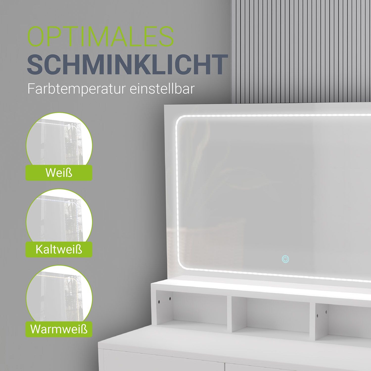 Juskys Schminktisch Kalea mit Beleuchtung, Spiegel & Schubladen - kleiner Make Up Tisch - Holz Weiß