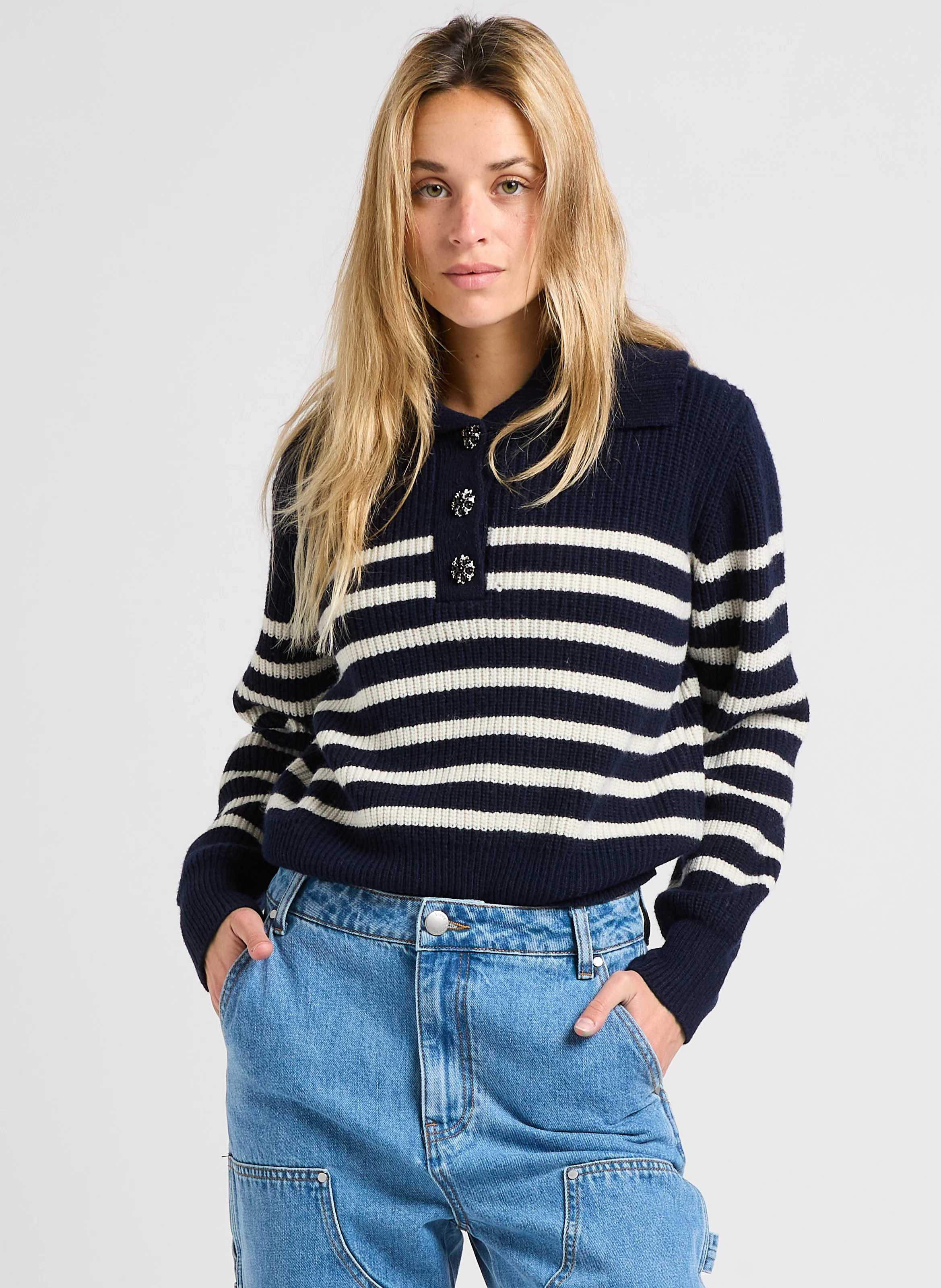 PATSKI - Pull droit rayé en laine mélangé | Bleu