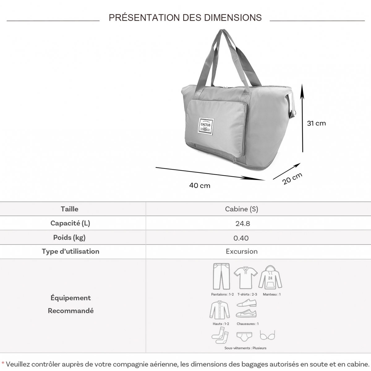 Cactus Sac de voyage week-end 24L pliable et extensible déperlant Cactus sans roulettes